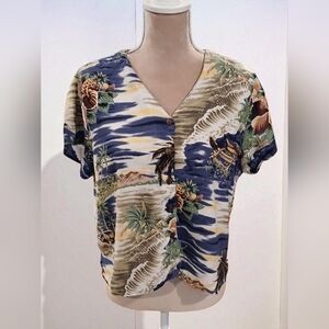 Vintage Hilo Hattie Vneck Button Down Hawaiian Original Womans Blouse Size Large